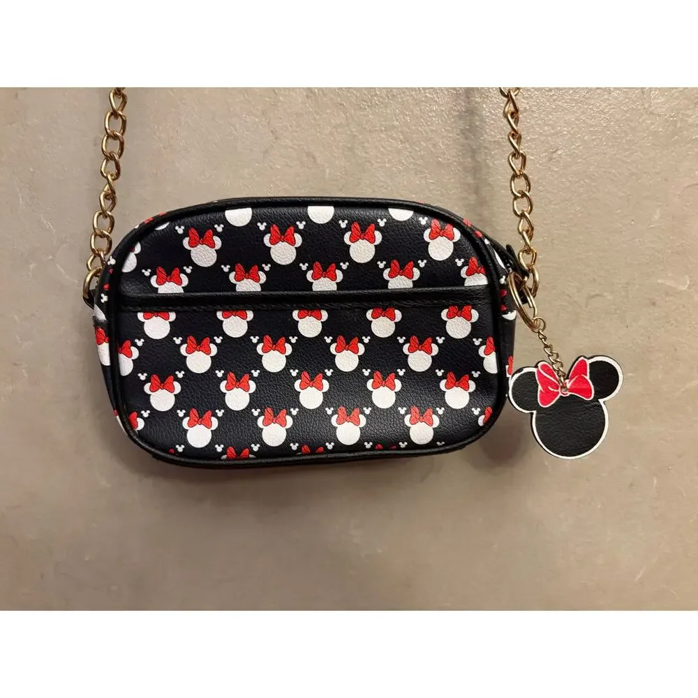 Disney Minnie Mouse Camera Crossbody Bag Black Red Bow Print Chain Strap Purse